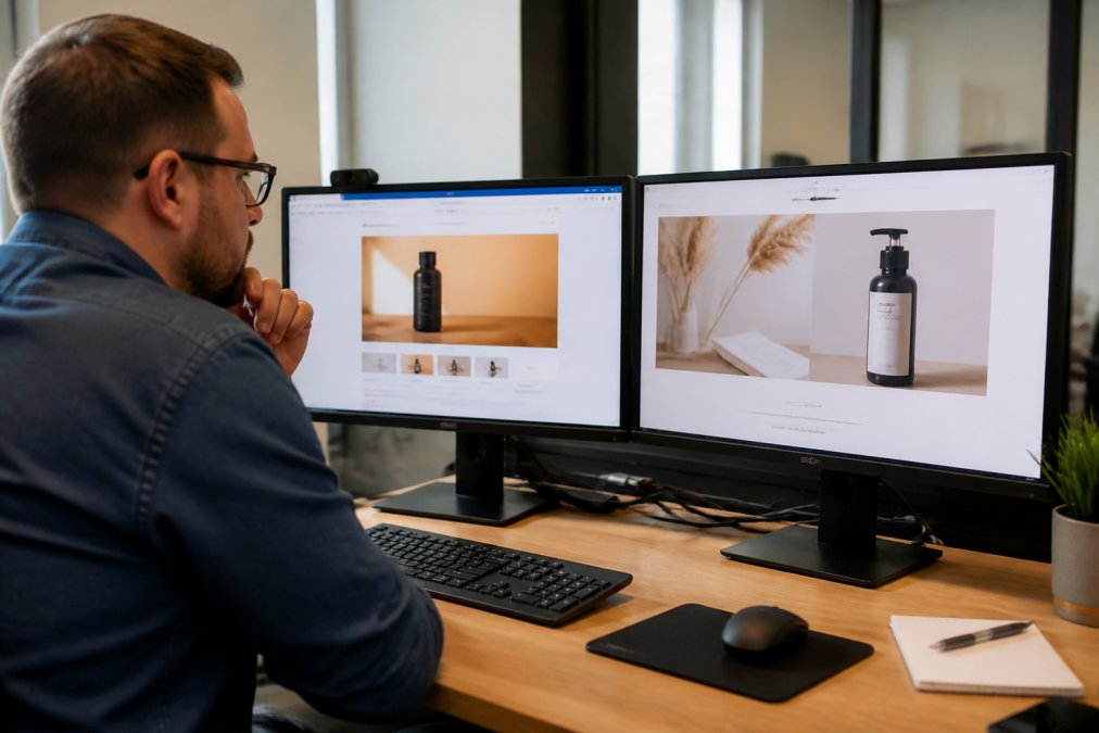 Professional marketer sitting at desk with two monitors, one displaying a Google Ads creative with bold headline and product image, the other showing a landing page with different messaging and layout, comparing alignment across screens