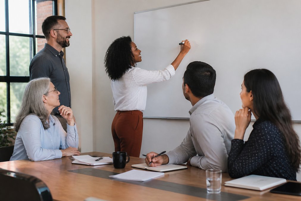 Diverse team of employees gathered around a conference table, collaborating and writing company values on a whiteboard, with engaged expressions and active discussion