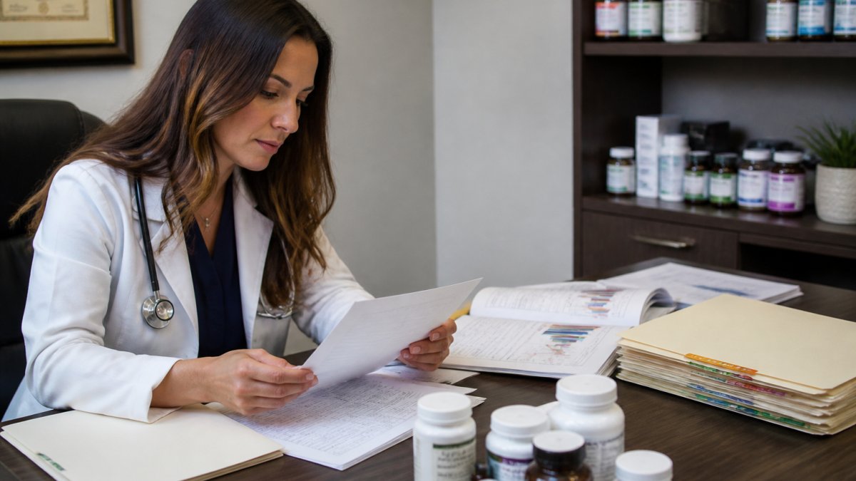 Healthcare provider reviewing lab results and medical records, relevant to Aligned Modern Health vs Forum Health.