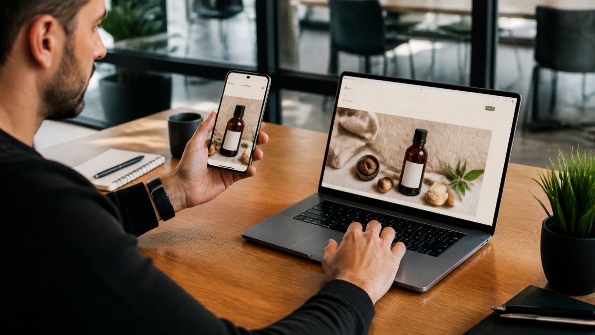 A marketer comparing an ad creative on a smartphone screen with the same campaign's landing page open on a laptop, highlighting the visual and textual elements side by side in a modern office setting