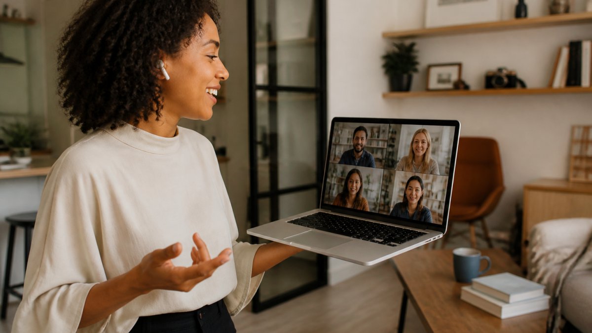 Diverse remote team members on a video call collaborating on remote team goals from their home offices
