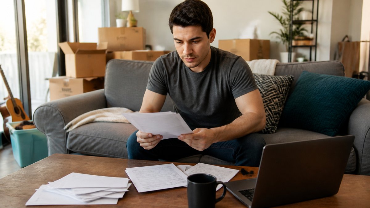 A renter in a bright apartment living room reviewing insurance paperwork and a laptop on a coffee table, with moving boxes and personal belongings visible in the background