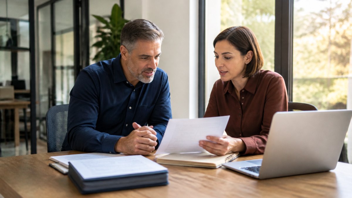 A small business owner and a licensed insurance advisor reviewing coverage documents at a desk in a bright office, laptop open to a policy comparison, afternoon light through the window