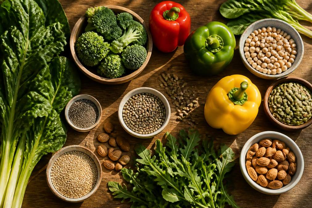Overhead flat lay of fresh alkaline vegetables and plant-based foods including leafy greens, broccoli, bell peppers, almonds, seeds, and legumes arranged on a wooden surface with natural sunlight