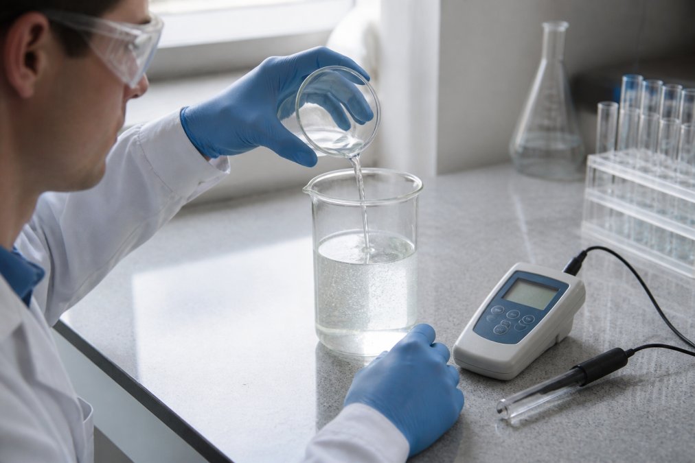 Scientist in safety gear adding alkaline solution to mineral water while monitoring the pH level