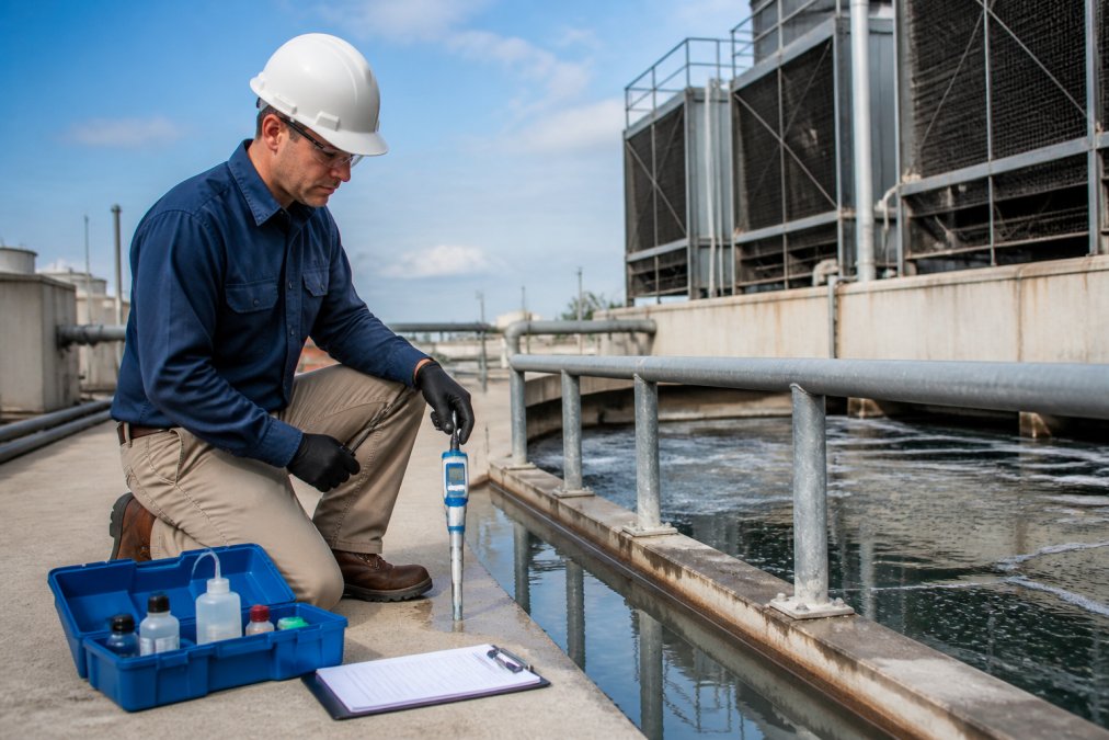 A technician in safety gear holding a digital pH meter next to a cooling tower basin, with a clipboard and testing kit nearby, industrial setting