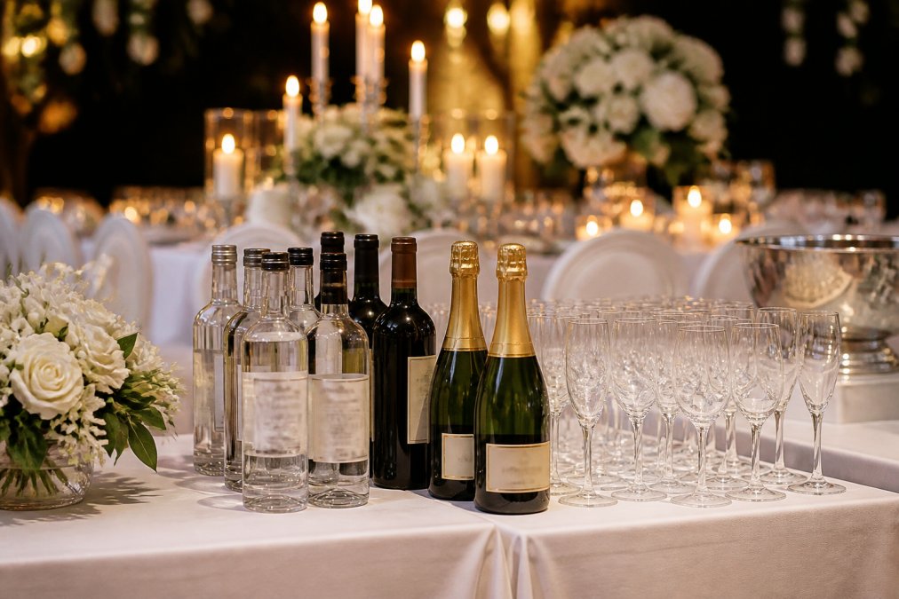 Elegancko nakryty stół weselny z butelkami wódki, wina musującego i kieliszkami ustawionymi w rzędach, w tle białe dekoracje weselne i płonące świece, ciepłe wieczorne oświetlenie