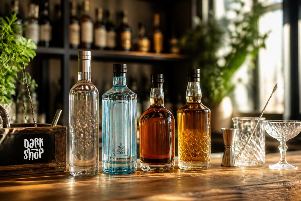 Butelki wódki, ginu, rumu i whisky ustawione na drewnianym blacie barku z naturalnym światłem podkreślającym kolory i etykiety alkoholi, obok kieliszków