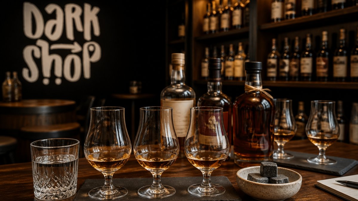 Elegancki stół degustacyjny z kieliszkami typu tulipan, butelkami whisky i rumu, kamiennymi kostkami i wodą źródlaną w szklance, ciepłe oświetlenie
