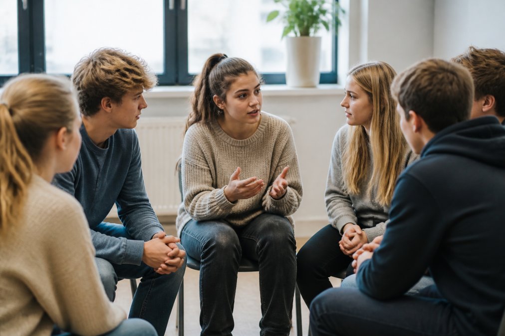 Jugendliche in einem Präventionskurs diskutieren über die Risiken von Alkopops Definition Steuer und suchen gegenseitigen