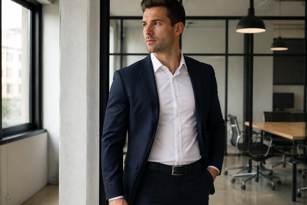 Professional man in tailored business suit wearing a fitted undershirt with proper tuck-in length, showing no visible lines, bulging, or sweat marks under a white dress shirt in office lighting