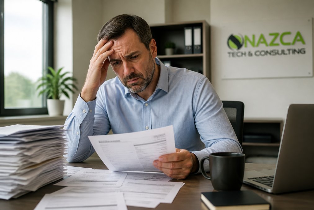 Business owner at desk reviewing IT support invoices and service tickets with frustrated expression in modern office setting