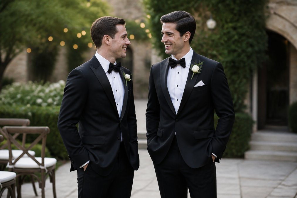 Groom and groomsman in well-fitted tuxedos enjoying formal wear comfort while chatting at an outdoor wedding venue.