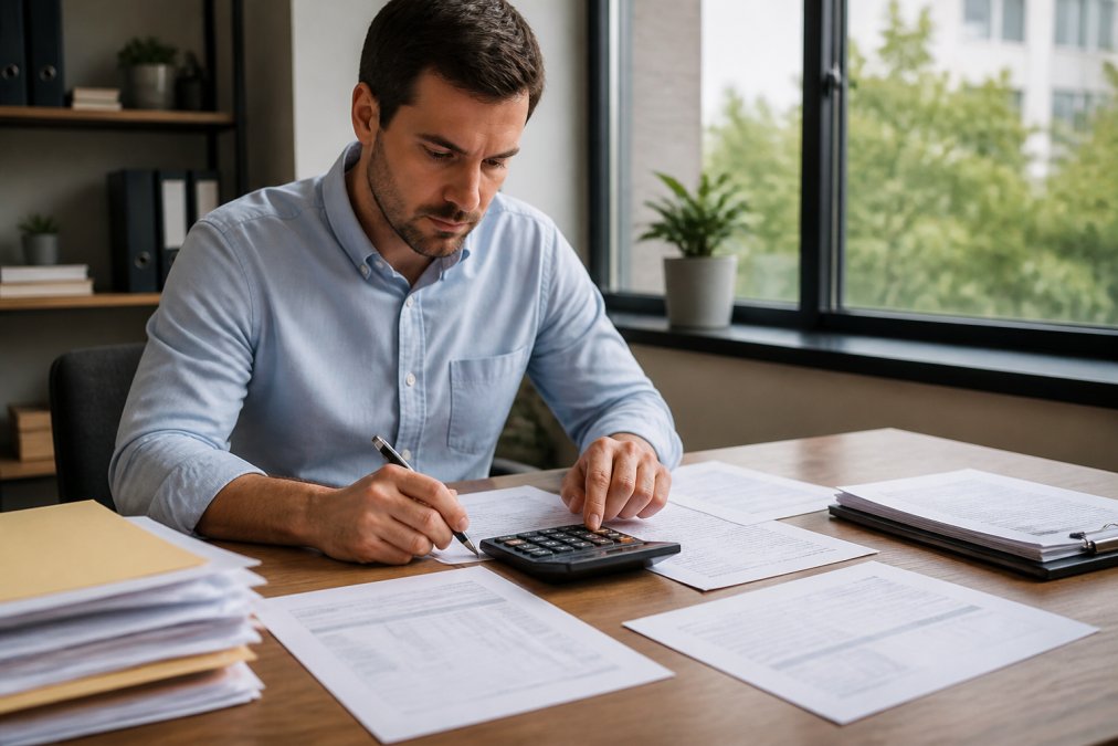 Real estate investor sitting at desk reviewing loan documents and spreadsheets with calculator and pen, natural office lighting