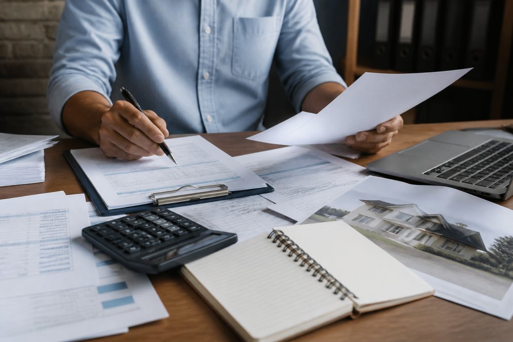 Professional reviewing financial statements and property appraisal documents at a desk with multiple papers and laptop
