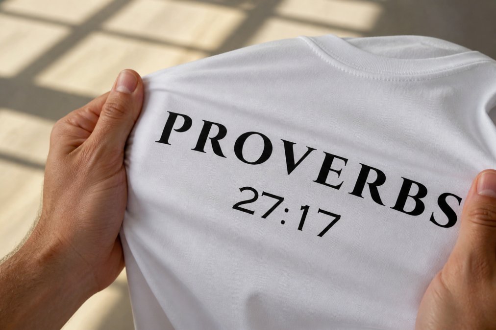 Close-up of hands holding premium cotton fabric of a faith-inspired t-shirt, showing the tight weave and quality of the print detail against natural light, demonstrating the softness and durability of the material