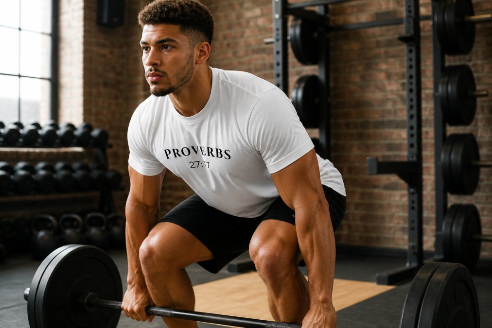Athlete in faith-inspired apparel during an intense workout session in a bright gym, focused expression and engaged posture, showing how spiritual messaging integrates naturally into daily training routines