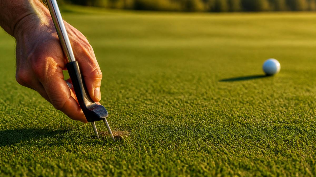Golfer using a putter-mounted metal tool to repair a ball mark on the morning grass of a putting green