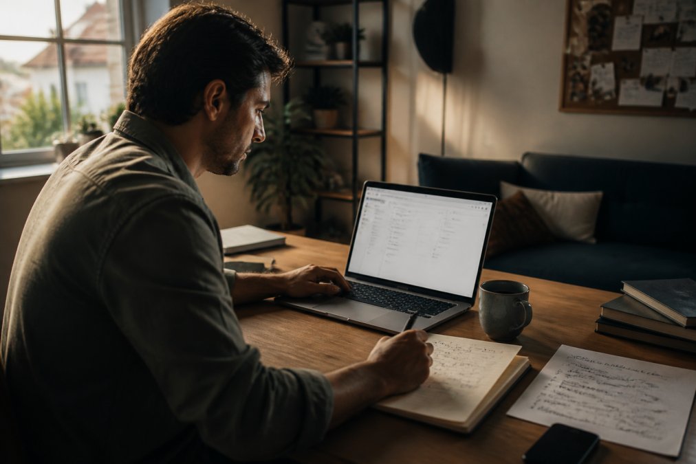 All-in-One Marketing Suite Pricing: 2026 Cost Guide A focused entrepreneur working on a laptop in a modern home office, a digital marketing dashboard visible on screen, surrounded by handwritten strategy notes and a coffee cup, warm natural light through the window