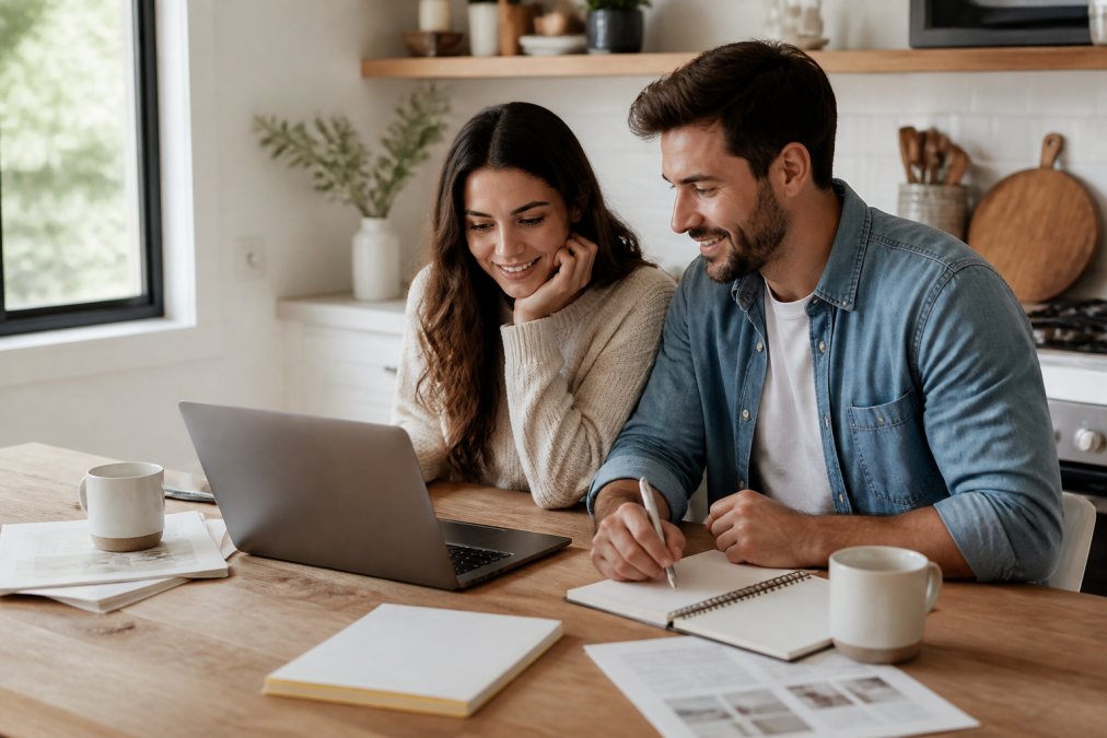A couple sitting at a kitchen table with a laptop open, reviewing a digital wedding planner on screen, notebooks and coffee cups nearby, bright natural light
