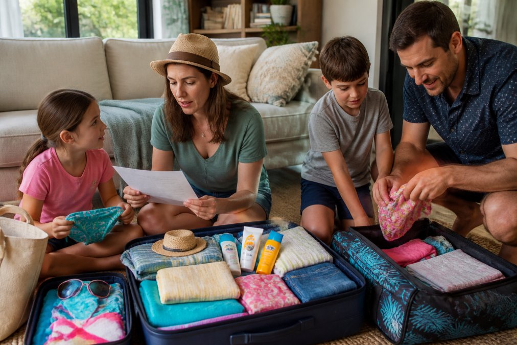 A family of four packing suitcases with sunscreen and clothing for an all inclusive family resort vacation