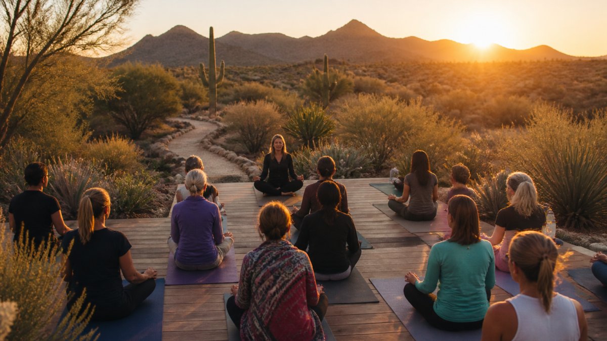Serene desert sanctuary at sunrise with guests in meditation poses on an outdoor yoga platform, mountains silhouetted against golden light, natural stone pathways leading through desert vegetation