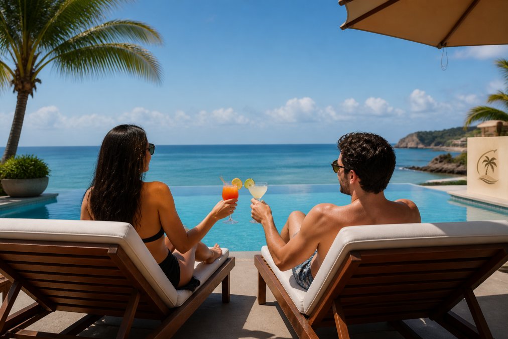 Couple relaxing with cocktails by an infinity pool on a custom honeymoon at a tropical all-inclusive resort