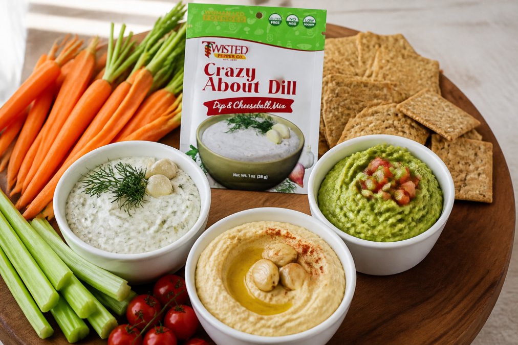 Overhead shot of three colorful homemade dips in white ceramic bowls, creamy Greek yogurt-based dip with fresh dill, smooth hummus with roasted garlic, and vibrant guacamole, surrounded by fresh carrot sticks, celery, cherry tomatoes, and whole grain crackers arranged on a wooden serving board with soft natural window lighting