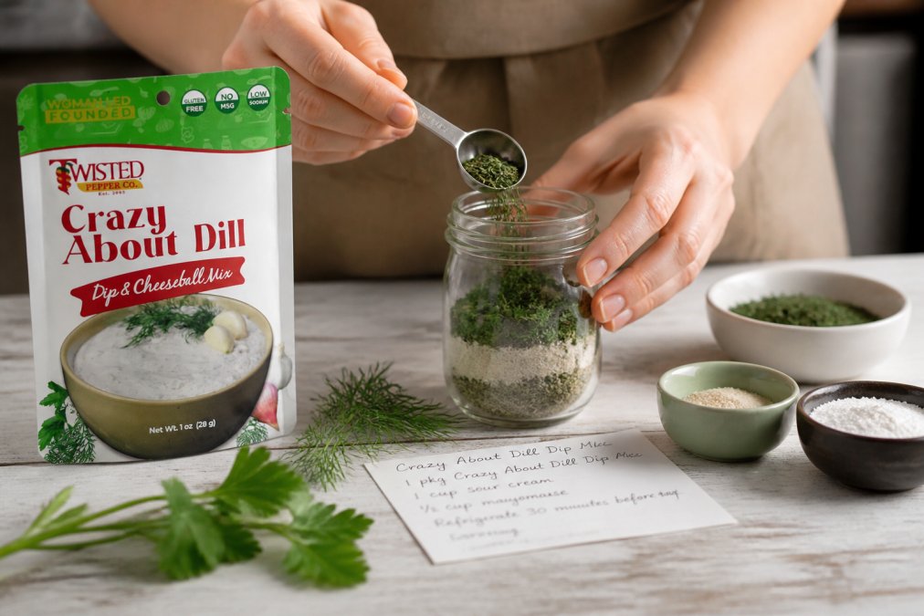 Close-up of hands carefully measuring dried herbs and spices, dill, parsley, and garlic powder, into a small glass jar with a metal measuring spoon, with fresh herb sprigs, a handwritten recipe card, and small bowls of individual spices visible on a light wooden surface with natural afternoon sunlight