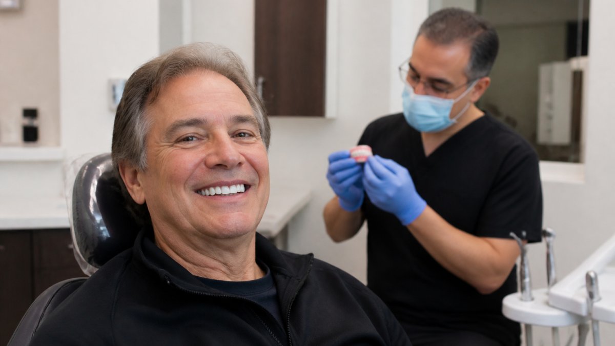 Patient in modern dental office smiling confidently after All-on-4 treatment, with dental professional visible in the background examining the restoration