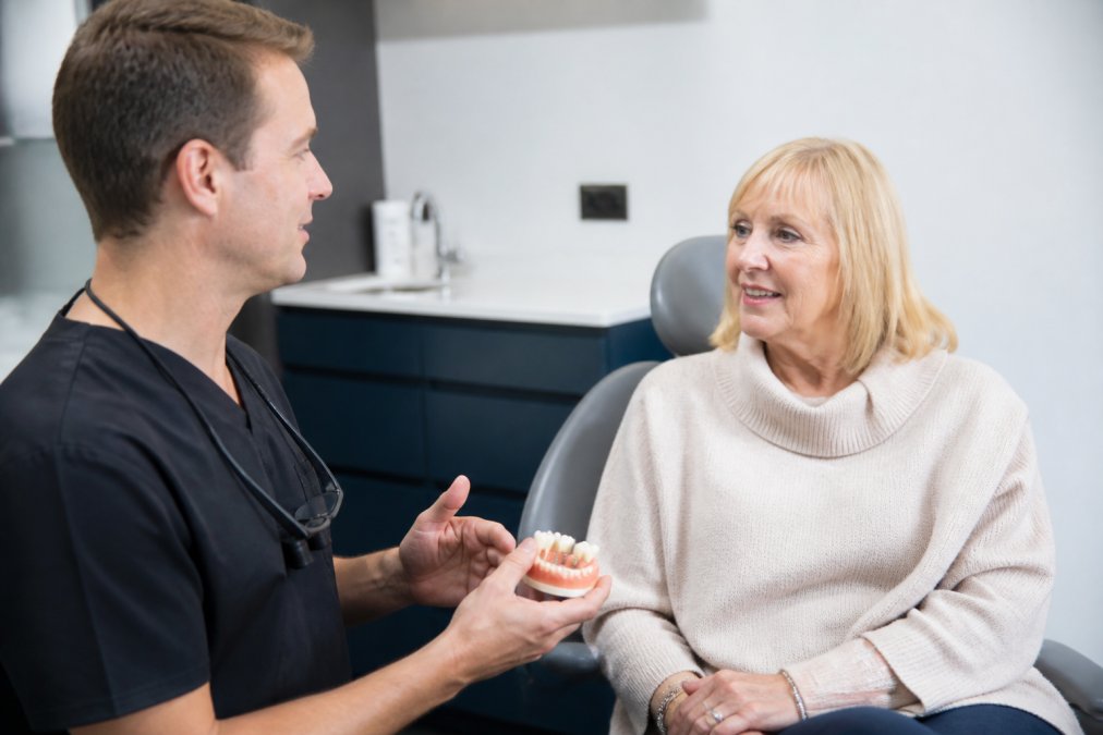 Dentist consulting with patient reviewing dental implant treatment plan and discussing smile restoration options in modern clinical setting with soft lighting