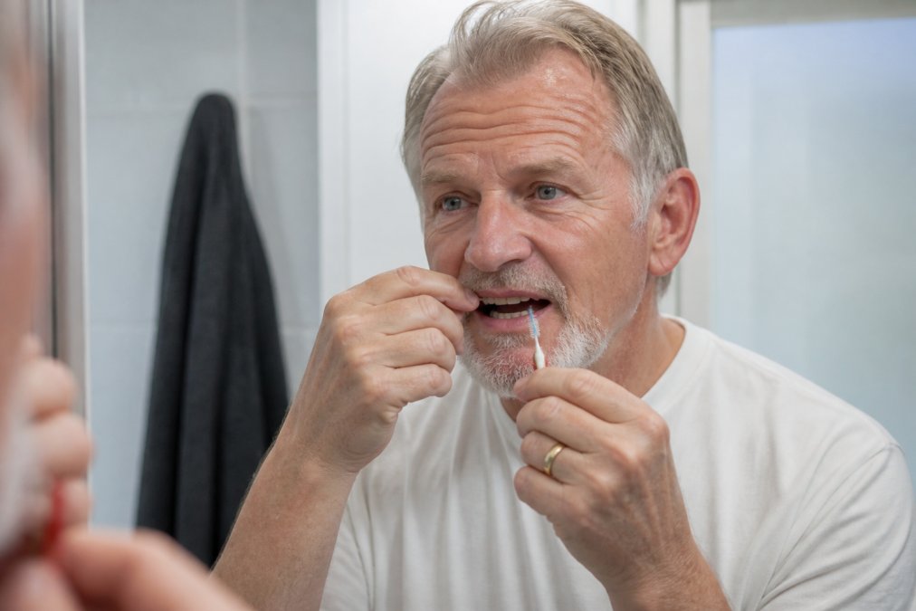 Close-up of hands demonstrating proper cleaning technique for dental implants using specialised floss and brush near gum tissue in well-lit bathroom setting