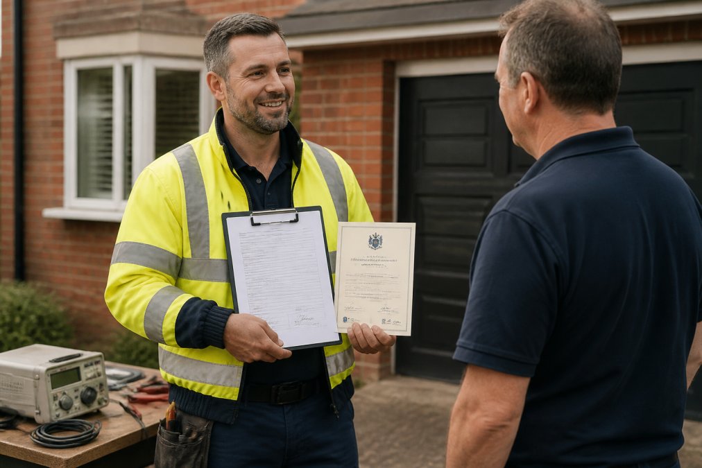 Electrician holding certifications for Allan Electrical vs Falcon Electrical at a residential property site.