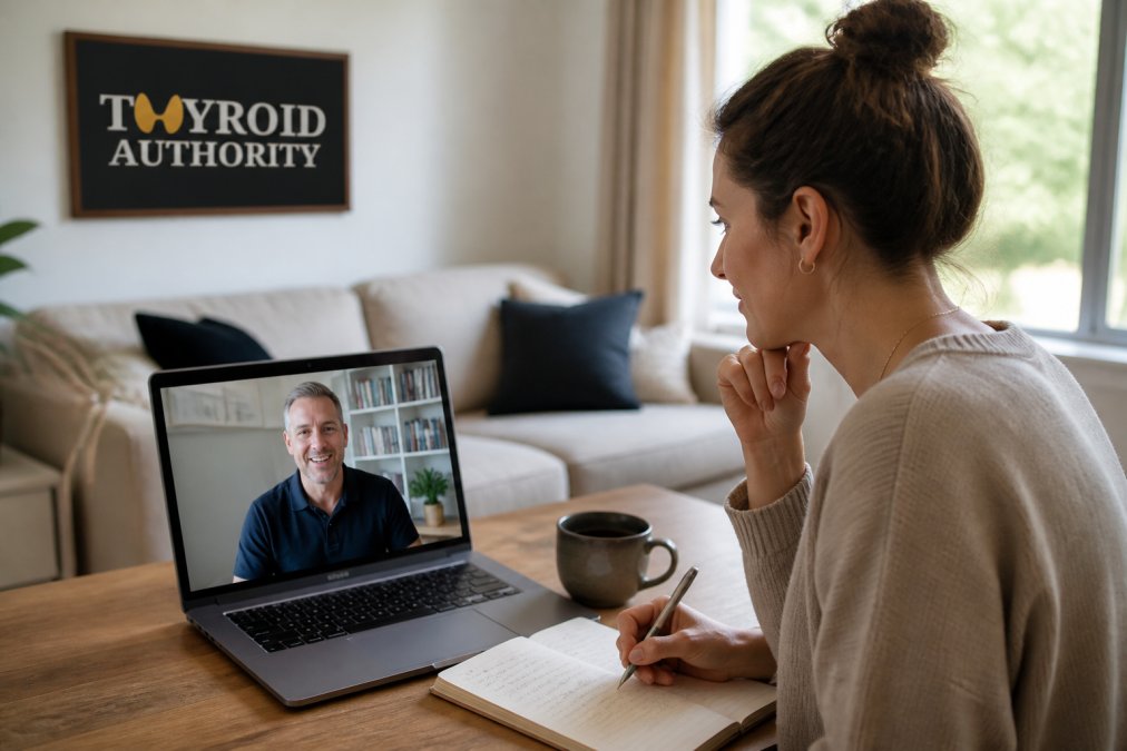 Female patient in a video consultation with a healthcare provider on a laptop, taking notes during a telehealth appointment in a comfortable home setting with natural light from a window