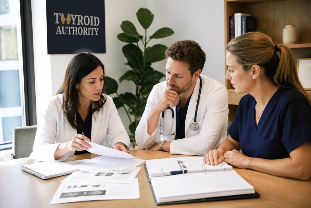Diverse healthcare team including a doctor, registered dietitian, and nurse collaborating around a desk with patient charts, lab results, and treatment plans visible in a modern clinical office