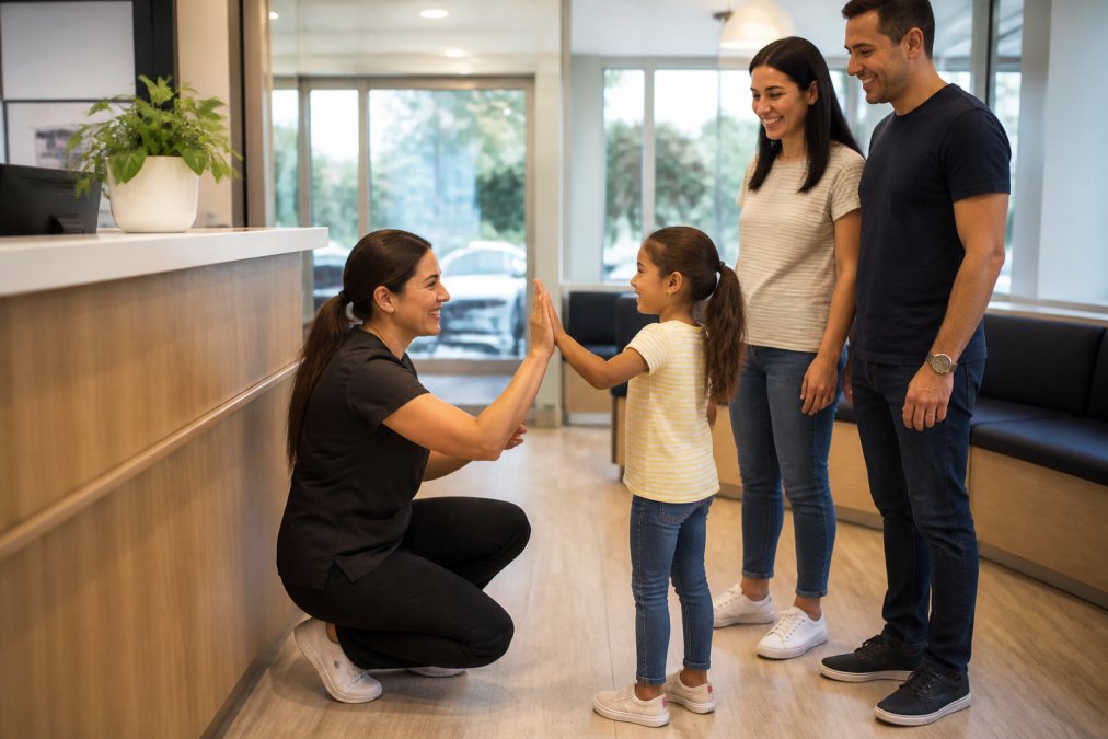A warm, modern dental reception area with a friendly staff member kneeling to greet a young child while the parents smile, soft natural light through large windows