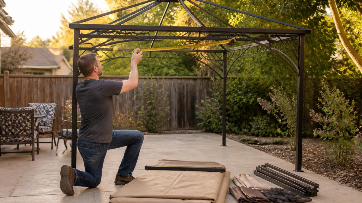 Homeowner measuring a metal gazebo frame for a new canopy replacement