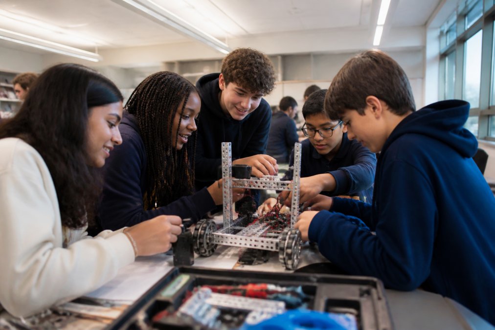 Students from diverse backgrounds collaborating on a hands-on engineering project in a bright, modern classroom with interactive whiteboards and technology stations