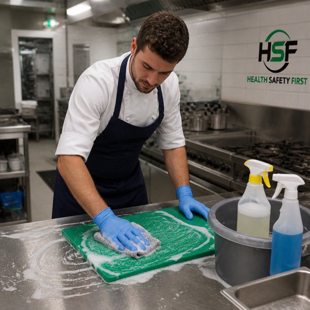 Professional demonstrating allergen cross contamination prevention in restaurants with food-safe gloves and apron thoroughly cleaning a chopping board and work surface with soapy water and cloth, with cleaning supplies visible nearby