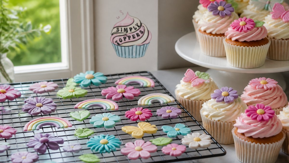 Close-up of colourful handmade sugar paste cupcake toppers arranged on a wire cooling rack beside freshly decorated cupcakes, soft natural window light