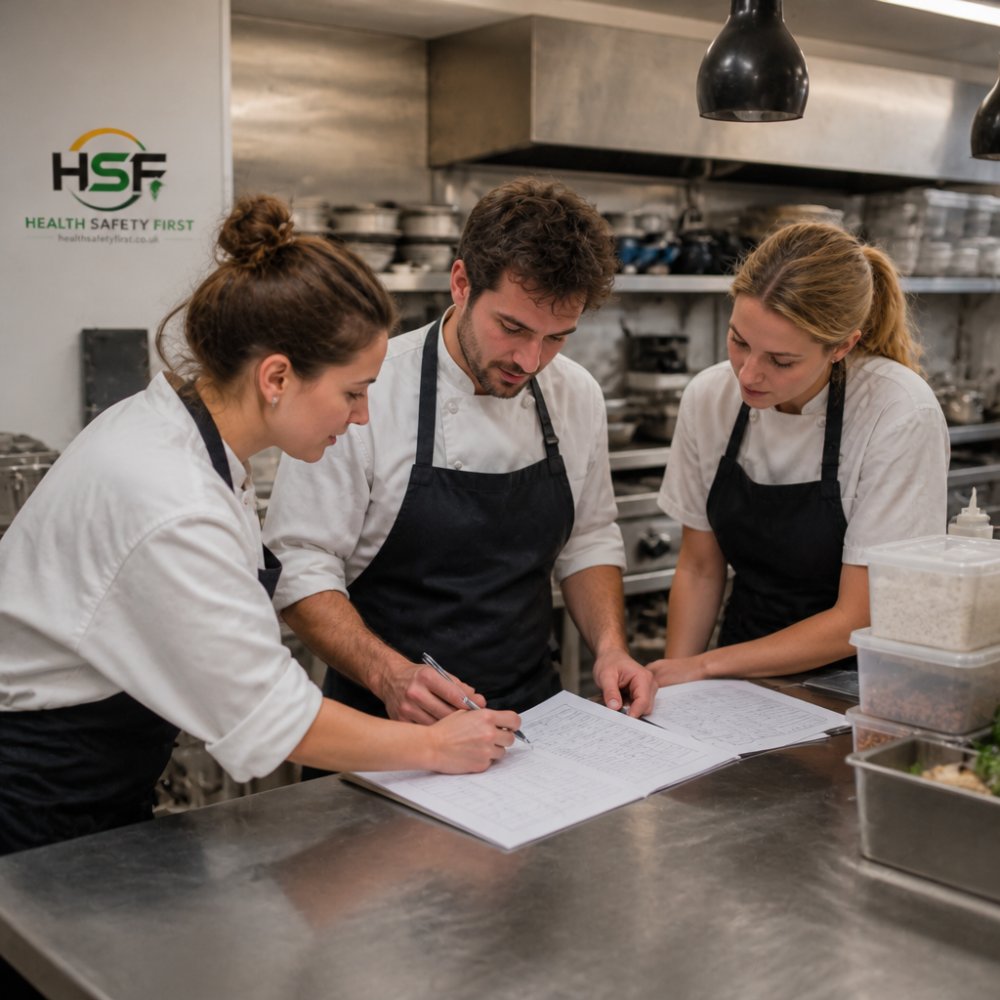 Restaurant kitchen staff reviewing printed allergen documentation together at a prep counter, focused on ingredient labels and checklist forms under bright kitchen lighting