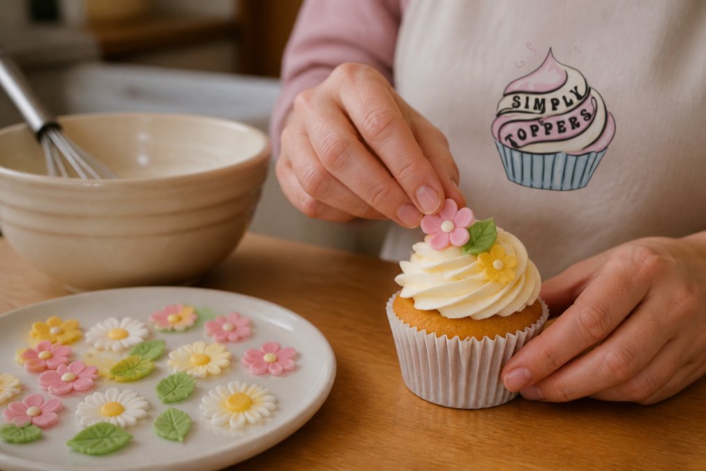 Close-up of hands placing colourful handmade vegan and gluten-free sugar paste cake toppers onto a freshly frosted cupcake on a wooden kitchen counter, with a mixing bowl and whisk softly blurred in the background, warm natural light