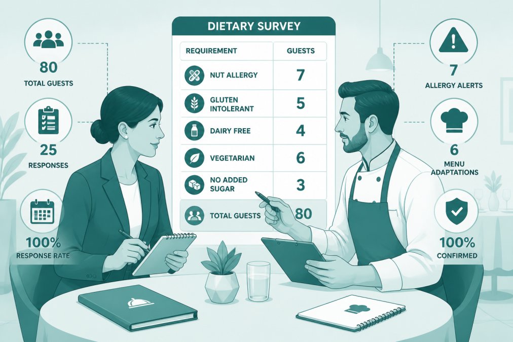 Corporate event planner and private chef reviewing dietary requirements and allergy information together at a table, both holding notes and discussing a detailed dietary survey document in a professional setting