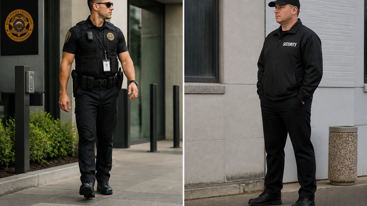 Professional uniformed security officer conducting a site patrol at a commercial facility entrance, demonstrating attentiveness and professional presence and situational awareness