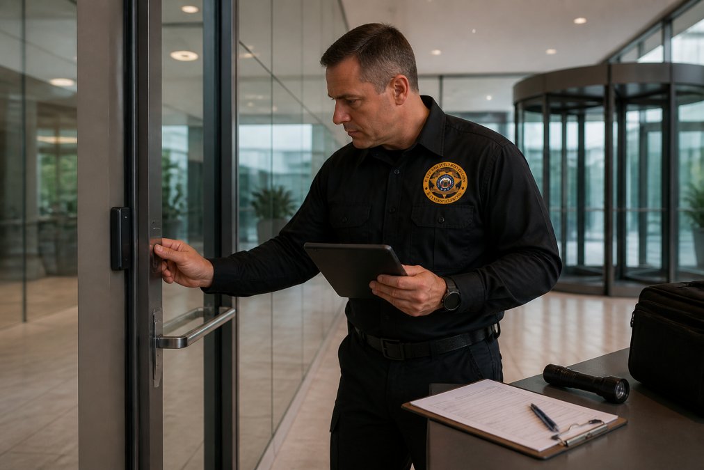 Professional security director conducting site assessment, reviewing building access points and security infrastructure with clipboard and tablet in modern office building