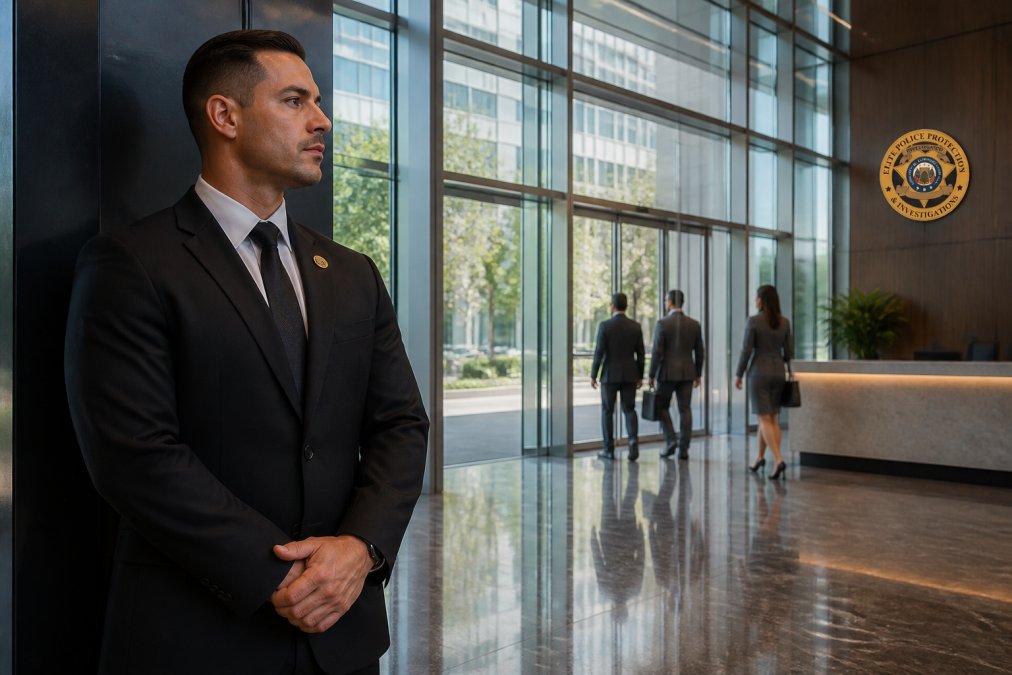 Professional security team member in business attire standing alert in corporate office lobby near glass entrance, monitoring foot traffic and building access points