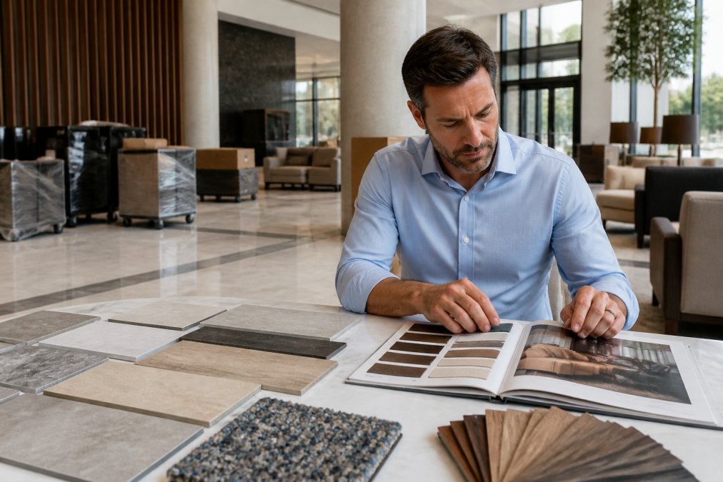 A hotel procurement manager reviewing flooring samples and furniture catalogs on a tablet inside a bright, modern hotel lobby under renovation