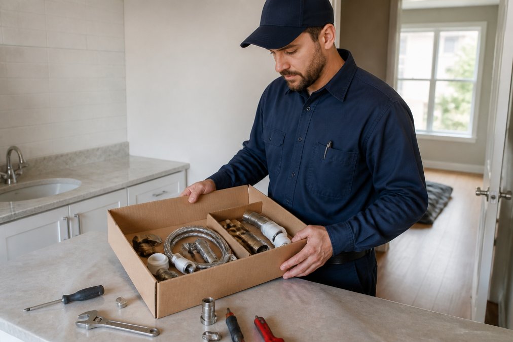 Technician organizing bathroom repair parts from a property maintenance kit on a workbench inside an apartment unit