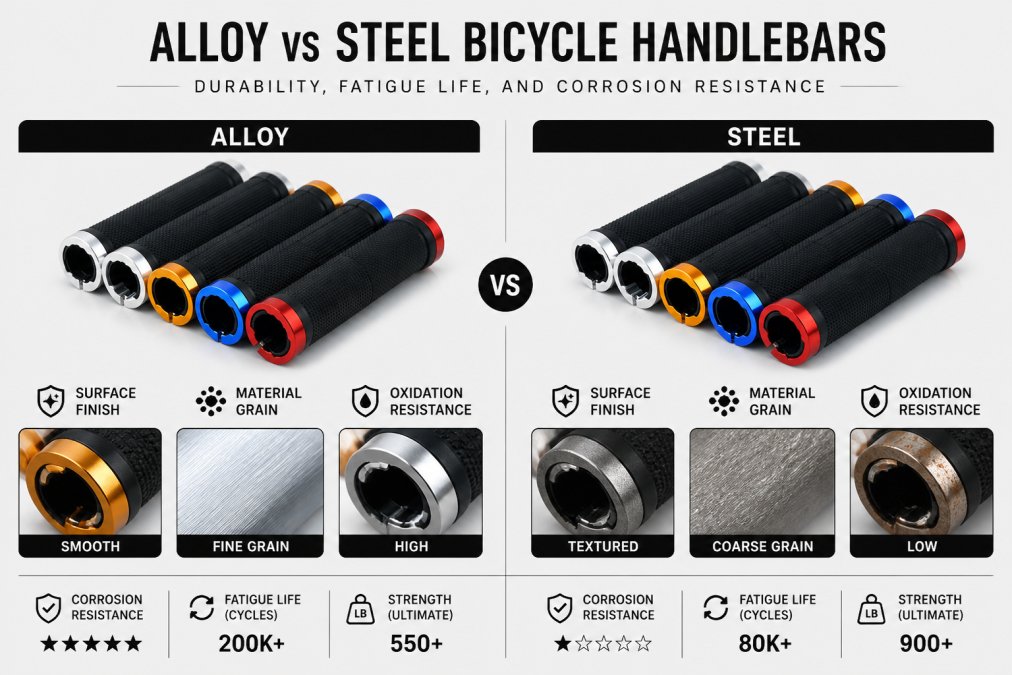 Side-by-side comparison of alloy and steel handlebar samples showing surface finish, material grain, and oxidation characteristics under natural studio lighting