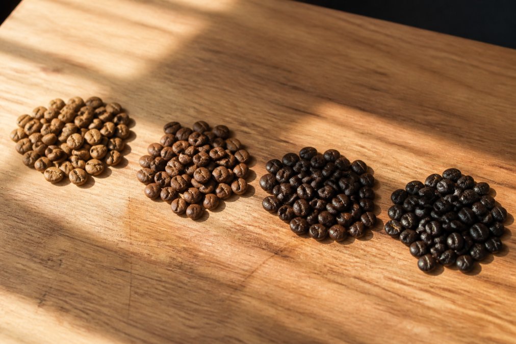 Close-up of four distinct coffee samples showing different roast levels from light medium to dark, arranged in small piles with natural morning sunlight highlighting the colour variations and texture of each bean